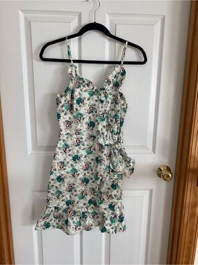 Rebecca Taylor Floral Ruffle Tie-Waist Minidress - White with Teal & Red Floral